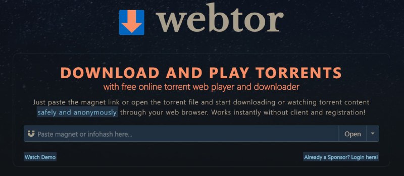 #网站 #视频webtor - 一个可以在线播放磁力和种子的网站📃速度的话可能翻墙效果更好频道： @geeksharebot：@Geekshare_bot