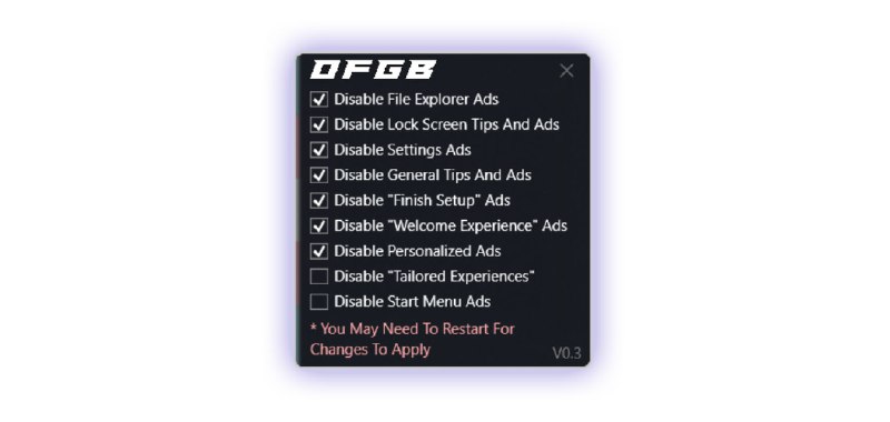 #开源 #Windows #工具💻 OFGB - 移除 Windows 11 中的广告下载页面Windows 偶尔会推送广告，使用该工具可以移除广告，原理是使用更改注册表以达到禁用效果📮投稿    📢频道    💬群聊    🔎索引