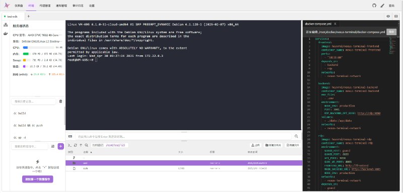 #开源 #SSH #运维🖥 Nexus Terminal - 一个现代化的 Web SSH/RDP 客户端✨ Features▫️多标签页管理 SSH 与 SFTP，支持在线编辑文件▫️支持 RDP 访问 Windows▫️支持包括人机验证（hCaptcha、Google reCAPTCHA）与双因素认证（2FA）▫️内置 Docker 容器管理面板▫️...📮投稿    📢频道    💬群聊    🔎索引