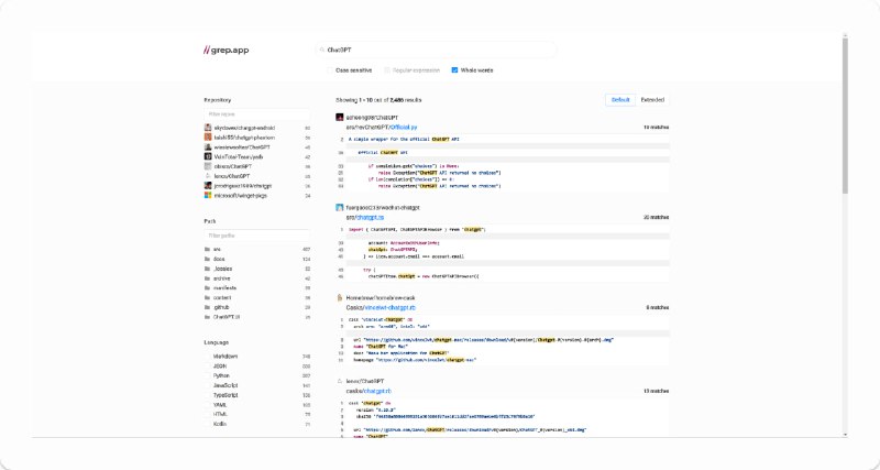 #在线 #工具 #开发 #开源🔎grep.app - 一个在线代码搜索工具📃输入代码片段，顷刻间Grep便可以从50 万个开源仓库中检索出结果搜索时可选区分大小写、正则表达式以及单词搜索📢关注频道：@geekshare 💬加入群聊：@igeekshare📮欢迎投稿：@Geekshare_bot