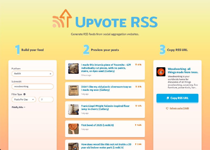 #RSS #在线工具 #阅读 #开源🌐 Upvote RSS - 一款开源的 RSS 生成工具🌐 在线使用该工具可以从 Reddit、Hacker News、Lemmy、Mbin 等网站生成个性化的 RSS 订阅源📮投稿    📢频道    💬群聊    🔎索引