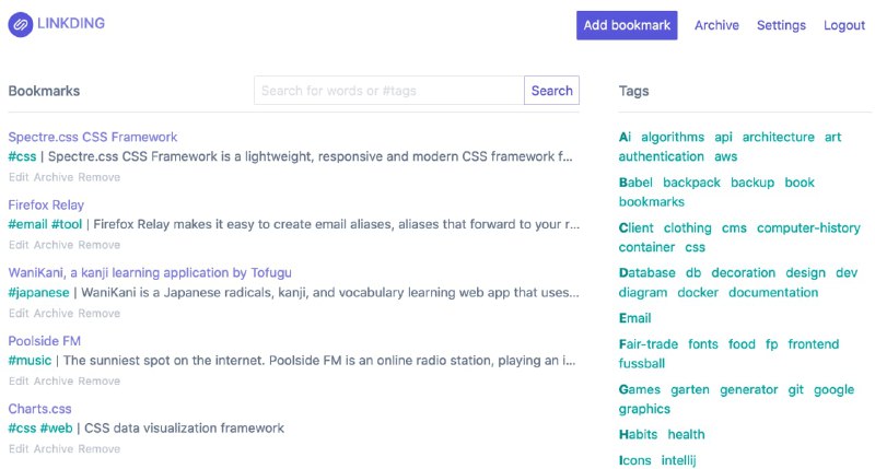 #书签 #工具 #开源linkding - 简单易用的自托管网络书签服务💡Feature- 自带标签分类- 稍后阅读功能- 共享书签- 批量编辑- 自动获取书签标题和描述- 有浏览器插件- 可以导入、导出🐳Docker安装docker run --name linkding -p 9090:9090 -v {host-data-folder}:/etc/linkding/data -d sissbruecker/linkding:latest🔴创建管理员账号docker exec -it linkding python manage.py createsuperuser --username=geekshare --email=contact@geekshare.com📃很轻量的一款网络书签服务，有自己服务器并且注重隐私的用户可以尝试使用