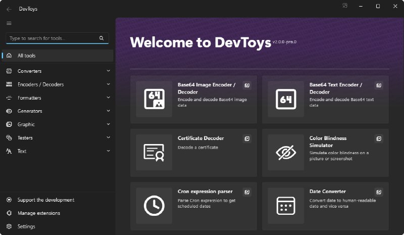 #开源 #在线工具⚙️DevToys - 一款开源的开发者工具箱🌐开源地址DevToys 号称是「开发者的瑞士军刀」，在 GitHub 斩获了 28k Star！它支持格式化 JSON、比较文本、测试正则、Base64 编码与解码、PNG/JPEG 图片压缩等 30 个开发中常用到的功能📑相关阅读▫️傲星工具箱 - 一款开源的在线工具箱程序▫️Rubick - 一个开源的跨平台插件化工具箱▫️1005工具 - 一个免费的在线工具箱▫️He3(氦三)工具箱 - 一款包含200+款工具的开发者工具箱📮投稿    📢频道    💬群聊    🔎索引