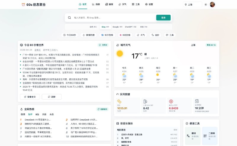 #开源 #建站⏰ 60s-web - 一个实用的信息聚合导航页🌐 演示60s-web 把每日资讯、热榜、天气、实用数据、娱乐和常用工具全部集成到一个页面中，适合设为浏览器首页或个人信息仪表盘纯静态，支持一键部署至 Cloudflre、vercel📮投稿    📢频道    💬群聊    🔎索引