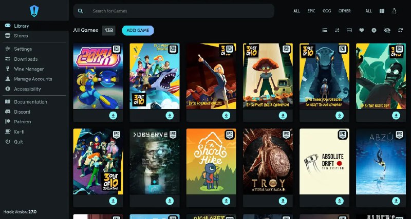 #游戏 #工具🕹Heroic Games Launcher - 一款开源的跨平台游戏启动器🌐开源地址📄Heroic 可以实现在一个客户端上浏览、下载、安装和运行多平台的游戏，而不需要安装官方客户端，当然免费游戏页可以直接领取该启动器支持 Epic、GOG 和 Amazon 平台，可以在 Linux、Windows 和 MacOS 使用，支持中文➡️已收录至「游戏工具」📮投稿    📢频道    💬群聊    🔎索引