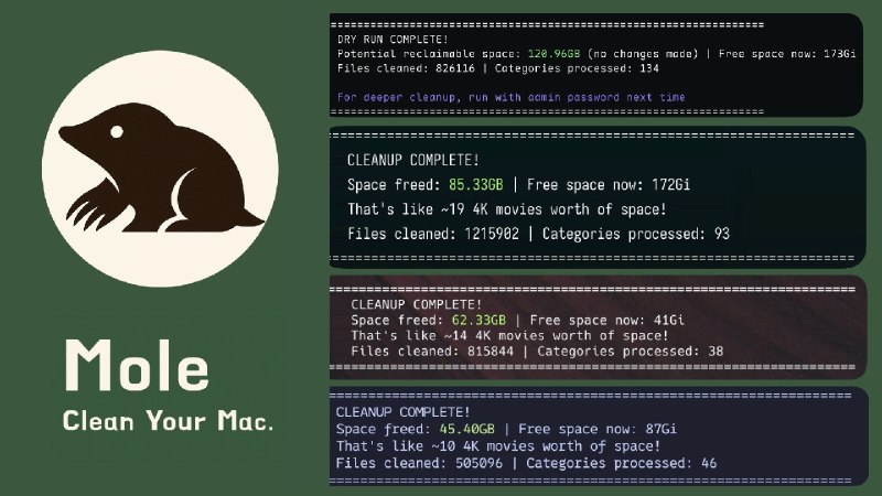 #macOS #工具🧹 Mole - 像鼹鼠一样深入挖掘来清理你的 MacMole 是一个命令行工具，可以 macOS 进行深度清理，如浏缓存、日志、临时文件等