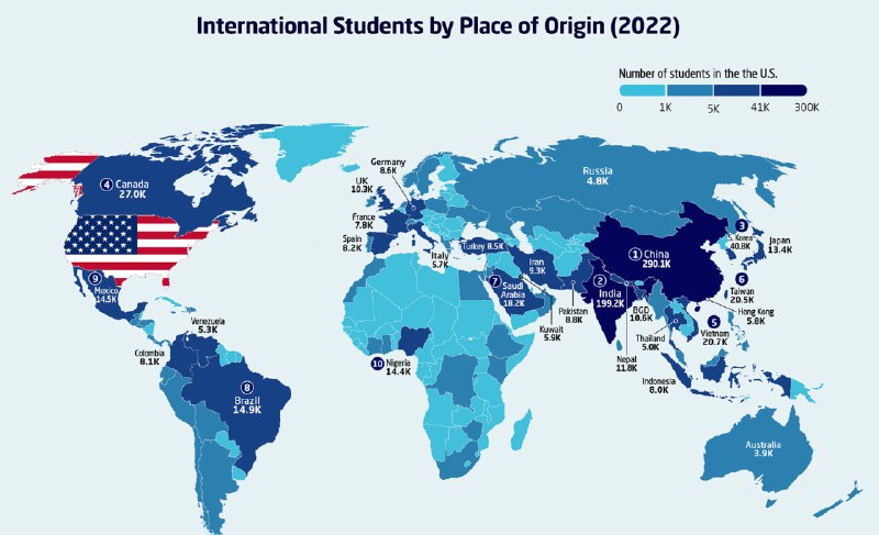 #阅读 #数据🇺🇸美国的留学生都来自哪些国家？今天逛了下视觉资本家，发现一篇有趣的文章：根据 2022 年国际教育交流（IIE）的数据，去年美国的高等院校中有 94.85w 名国际学生，其中亚洲学生占比 75％，中国（30％）和印度（21％）的学生占了一半以上国际学生对美国高等教育部门仍然是一个重要的优先事项，2022 年为美国经济贡献了320 亿美元🗣对此，你怎么看？⭐️大会员点我，助力每一个梦想