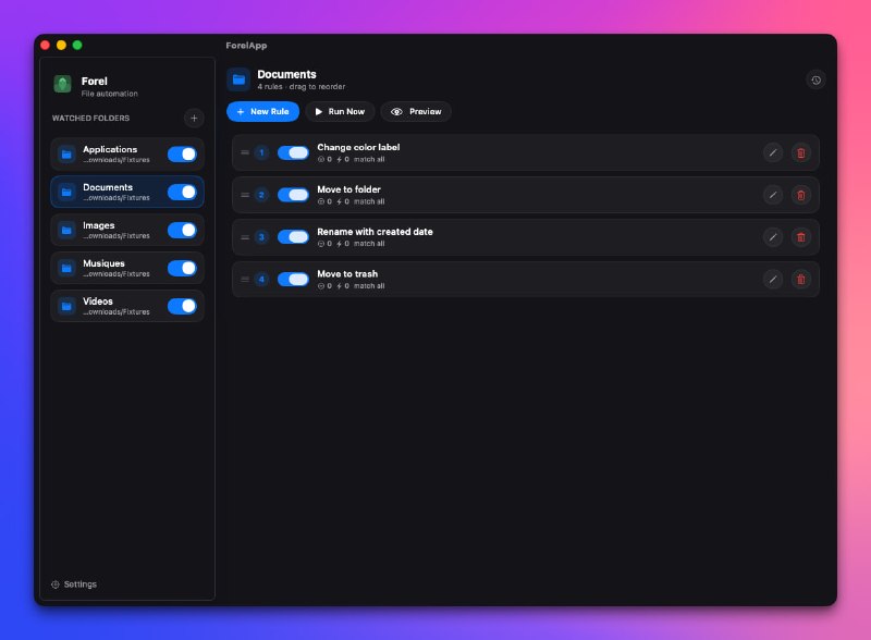 #macOS #工具🏷 Forel - 一个开源的 macOS 文件自动化工具⬇️ 下载页面Forel 定位是 Hazel 的免费开源平替，主要功能是通过规则自动整理文件，完全本地运行📮投稿    📢频道    💬吹水    🌐网站