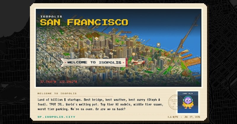 #趣站🏙 Isopolis - 把旧金山做成一张可玩的等距像素地图Isopolis 把旧金山约 121 km² 的城市区域做成了一张连续、可缩放、可点击的等距像素地图，整体看起来像老游戏里的模拟城市风格