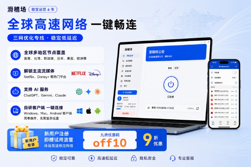 🤔 还在为卡顿、掉线烦恼？我们已稳定运营六年，三网优化线路，全球多地区节点覆盖