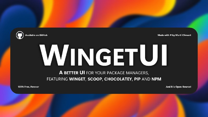 #Windows #软件 #工具 #下载⬇️WingetUI - Windows 命令行包管理器的用户界面🌐开源页面📄简单来说，Windows 包管理器就是直接用命令行的形式下载安装官方软件源的工具，但是不足之处就是只能命令行而 WingetUI 解决了这一痛点，你现在可以直接在软件界面实现一键下载、安装、更新和卸载软件（支持中文）😄软件内置了 Winget、Scoop、Chocolatey、Pip、Npm 和 .NET Tool 多个包管理器，普通用户用默认的 Winget 就行了建议本频道所有 Windows 用户装上📑相关阅读winstall - 一个 Windows 软件包管理工具📮投稿    📢频道    💬群聊    🔎索引