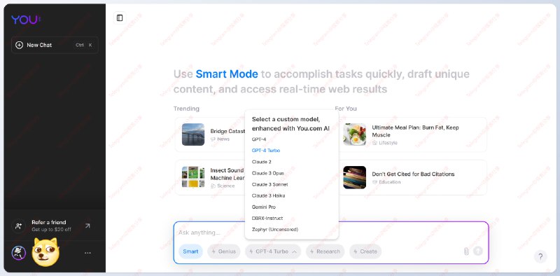 #AI #白嫖⭐速度！白嫖一个月 ChatGPT4 YOU.com 目前支持GPT-4（Turbo）、Claude 2 / 3全系、Gemini Pro等大模型通下方链接注册，然后直接点击 20 的订阅进去填写信息就可以成功白嫖🔗直达链接💰生成信用卡信息⏺ 生成卡号（输入卡头：6011212556）⏺ 检测可用性（Live栏一个个试）弄了两个号都成功了，暂时没发现需要注意的📑相关阅读YOU - 一个AI搜索引擎📮投稿    📢频道    💬群聊    🔎索引
