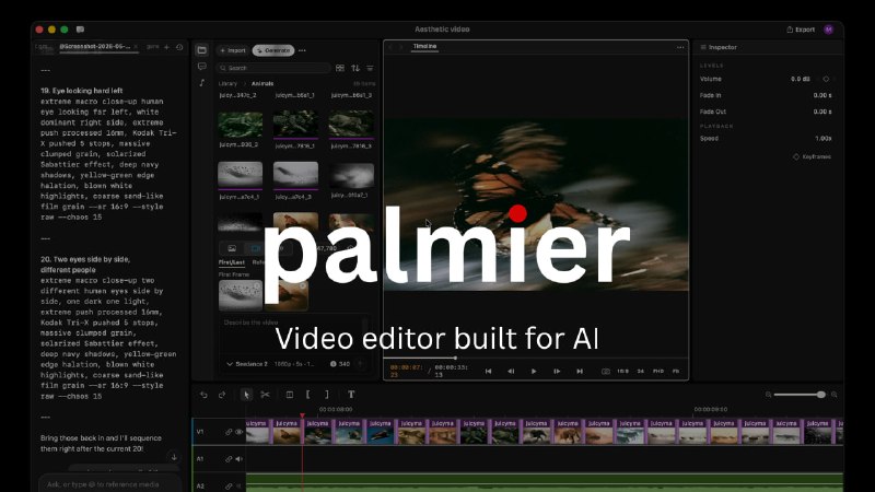 #AI #视频处理✂️ Palmier Pro - 专为 AI 打造的 Mac 原生视频编辑器😸 开源页面其最大亮点便是支持在时间线中调用 Kling、Seedance、Veo、Grok Imagine 等大模型生成视频/图像/音频同时还可与与 Claude、Cursor、Codex 等 Agent 通过 MCP 协议直接操作时间线，包含剪切、重排、生成素材等系列操作目前仅支持搭载 M 系列芯片的 macOS 26🤖 核心特点➡️ Swift 原生专业编辑器：多轨视频/音频/图像/文本，支持剪切、变速、透明度、变换等 Premiere 级操作，支持导出 MP4 和 NLE XML（兼容 Premiere/DaVinci）➡️ AI 原生集成：生成素材直接落在时间线，每段切片自动记录提示词、模型和参考➡️ Agent 协作：内置 MCP 服务器，一键连接 Claude Desktop / Cursor / Codex，让 AI 自动找关键帧、生成字幕、整理素材、初剪草稿等➡️ 免费 + 开源：核心编辑器和 MCP 功能完全免费开源，仅生成式 AI 部分需要付费📮投稿    📢频道    💬吹水    🌐网站